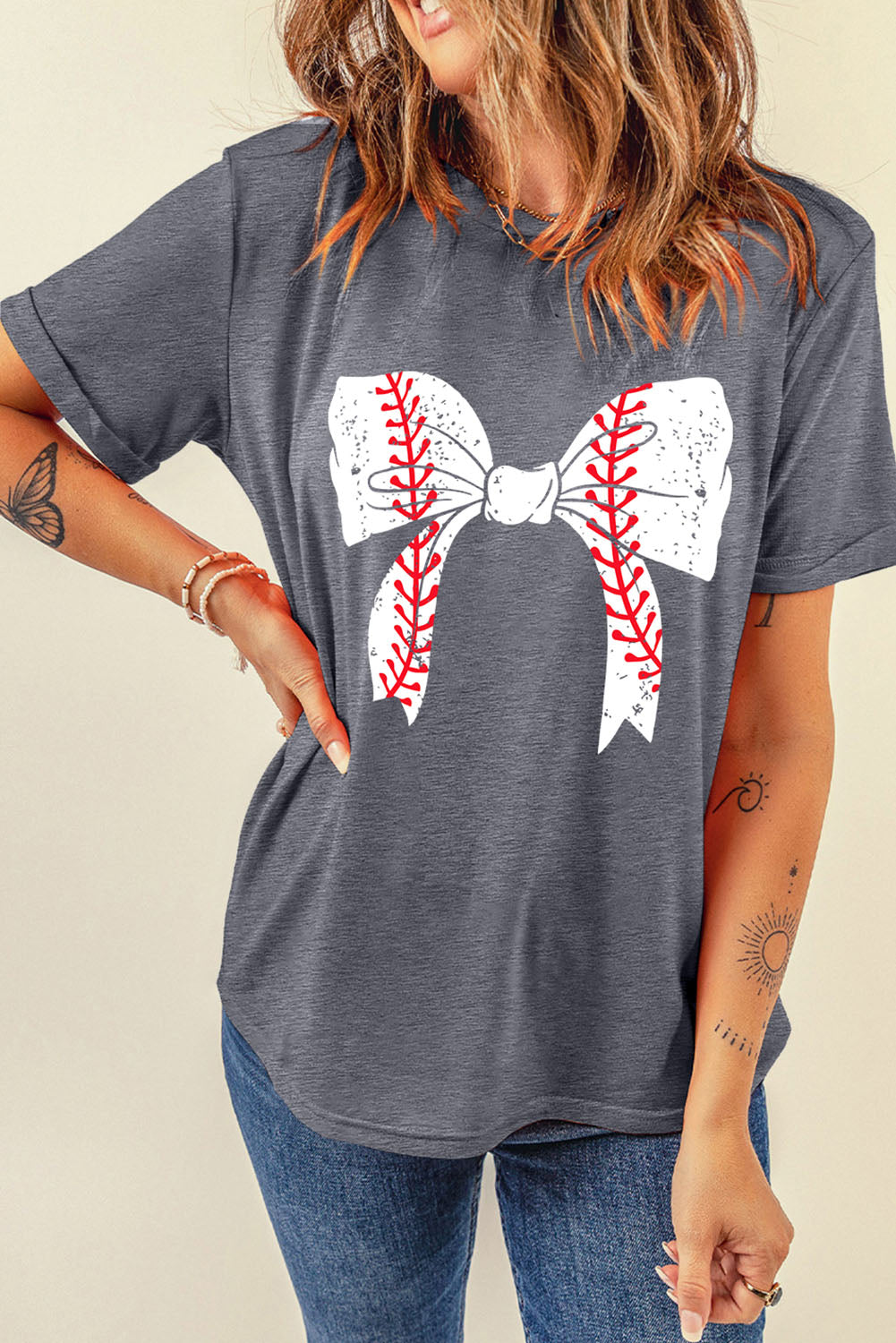Gray Casual Baseball Bowknot Graphic Roll Up Sleeve Tee - Cowaa