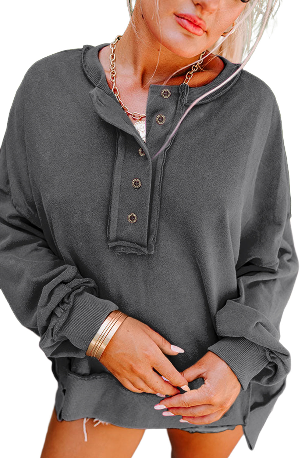 Slouchy Henley-Sweatshirt mit tief angesetzter Schulterpartie in Pink