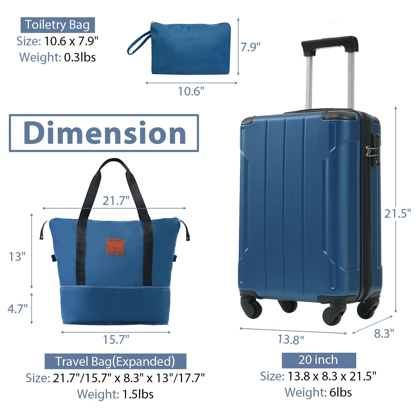 3 Piece Blue Luggage Set w/TSA Lock