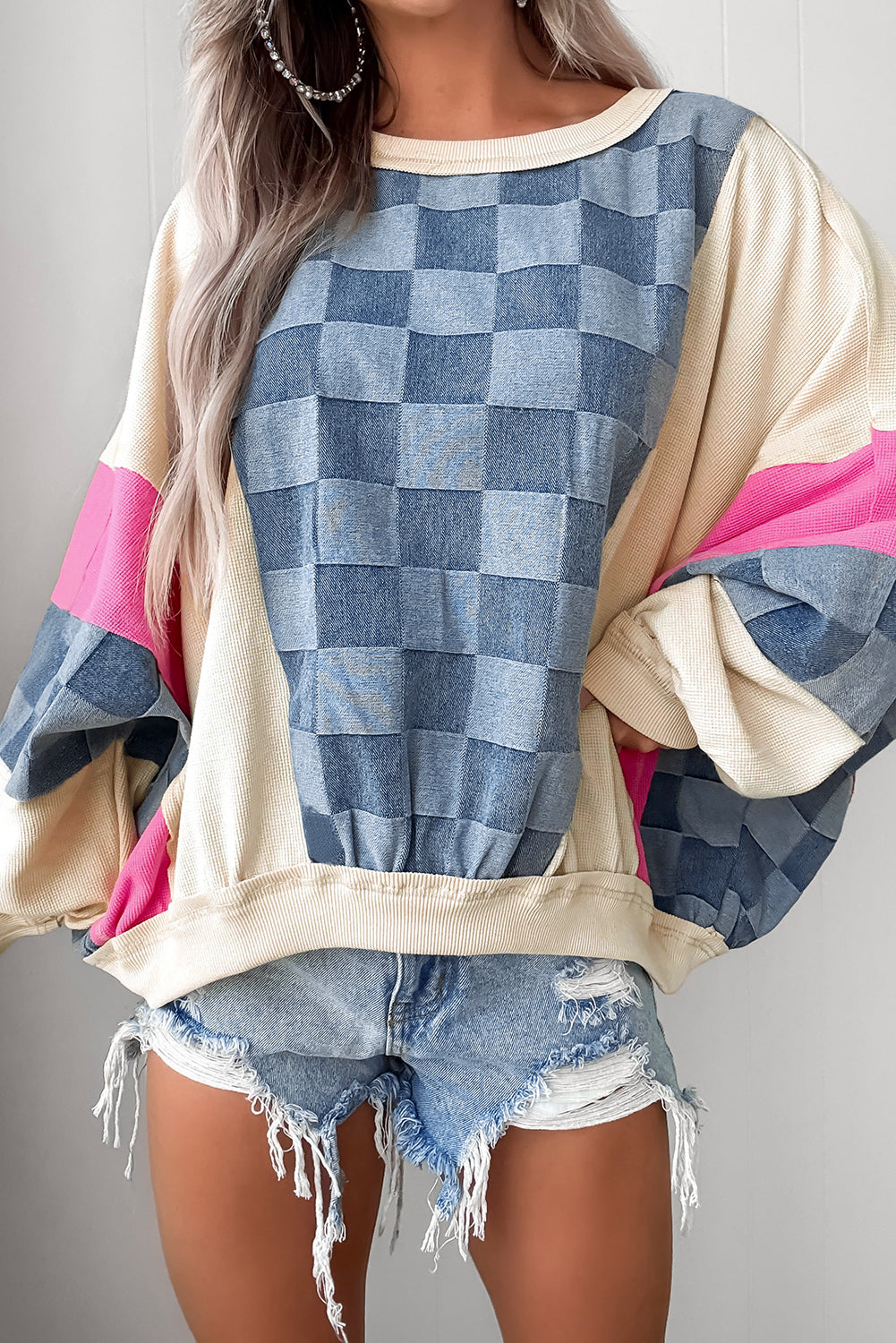 Sky Blue Oversized Checkered Denim Exposed Seam Patchwork Casual Sweatshirt
