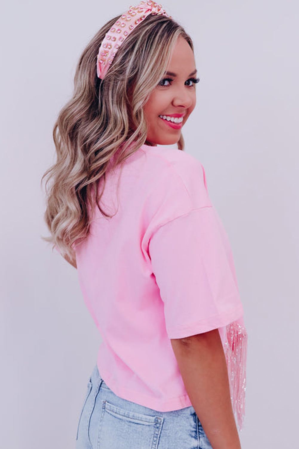 Pink Fringe Sequin Hem Cropped T-shirt - Cowaa