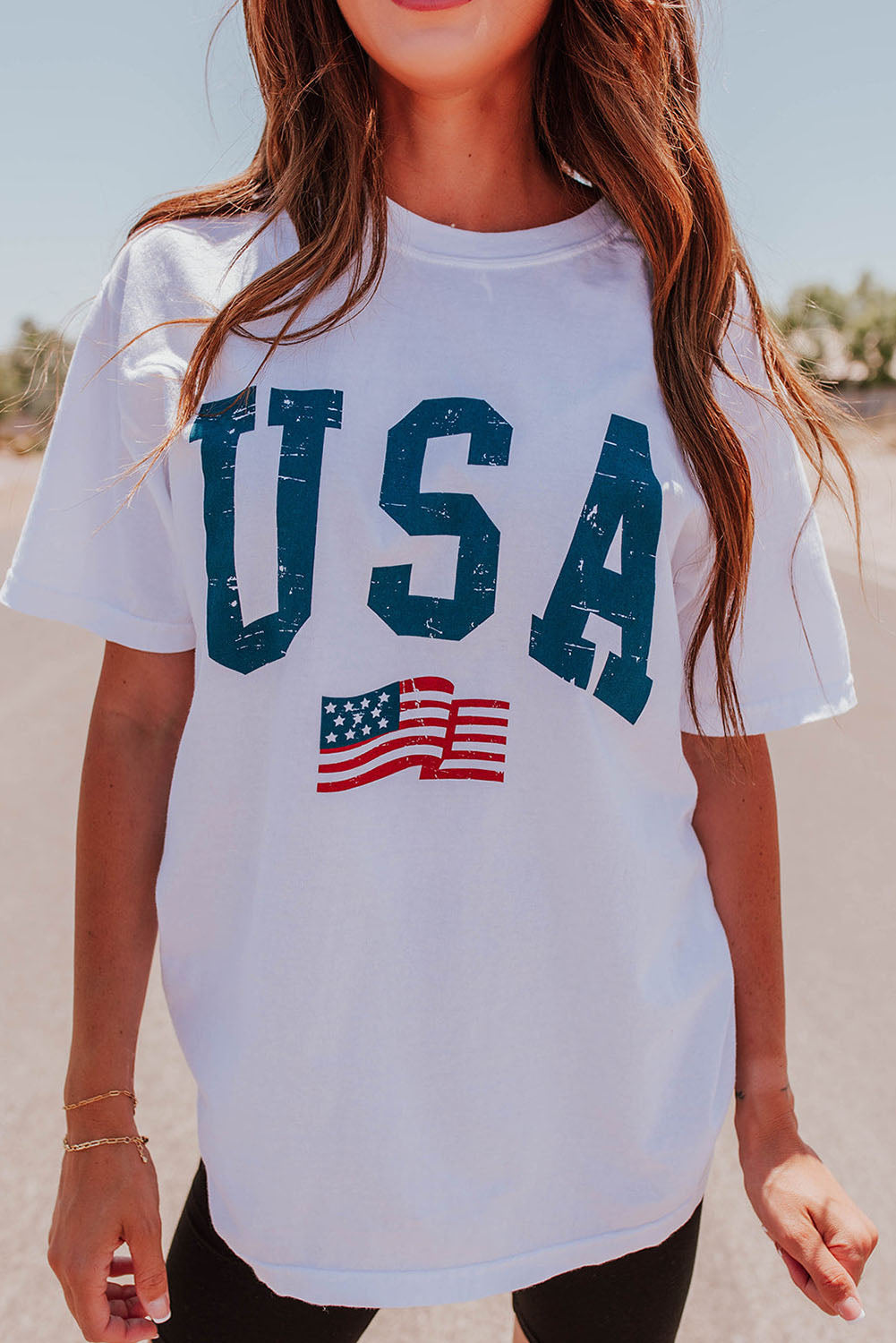 White USA Flag Patriotic Graphic Crew Neck Tee - Cowaa