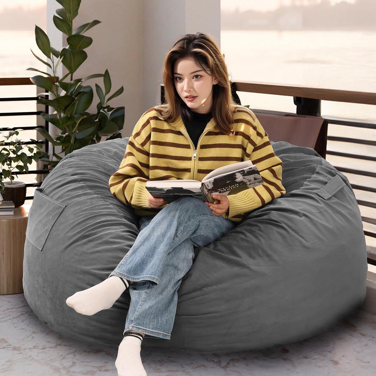 Dark Grey XL Foam Filled Bean Bag Chair w/ Removable Cover