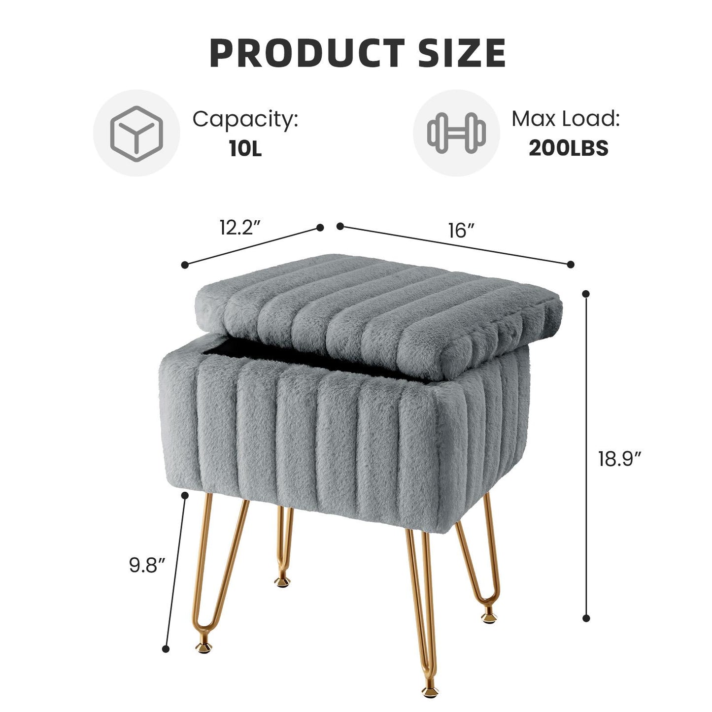 Grey Faux Fur Vanity Stool Chair w/ Storage