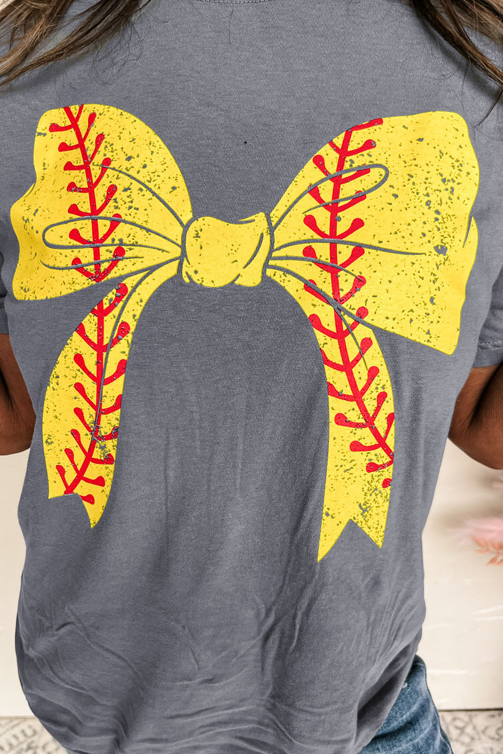 Gray Casual Baseball Bowknot Graphic Roll Up Sleeve Tee - Cowaa
