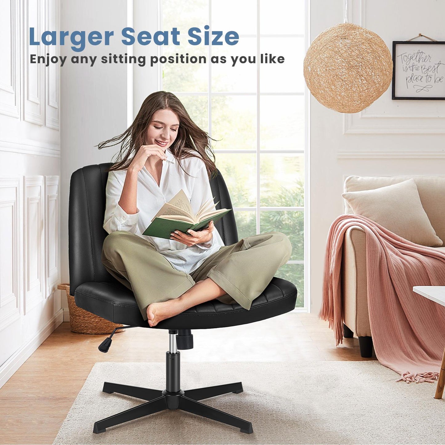 Black Leather Wide Armless Swivel Home Office Chair