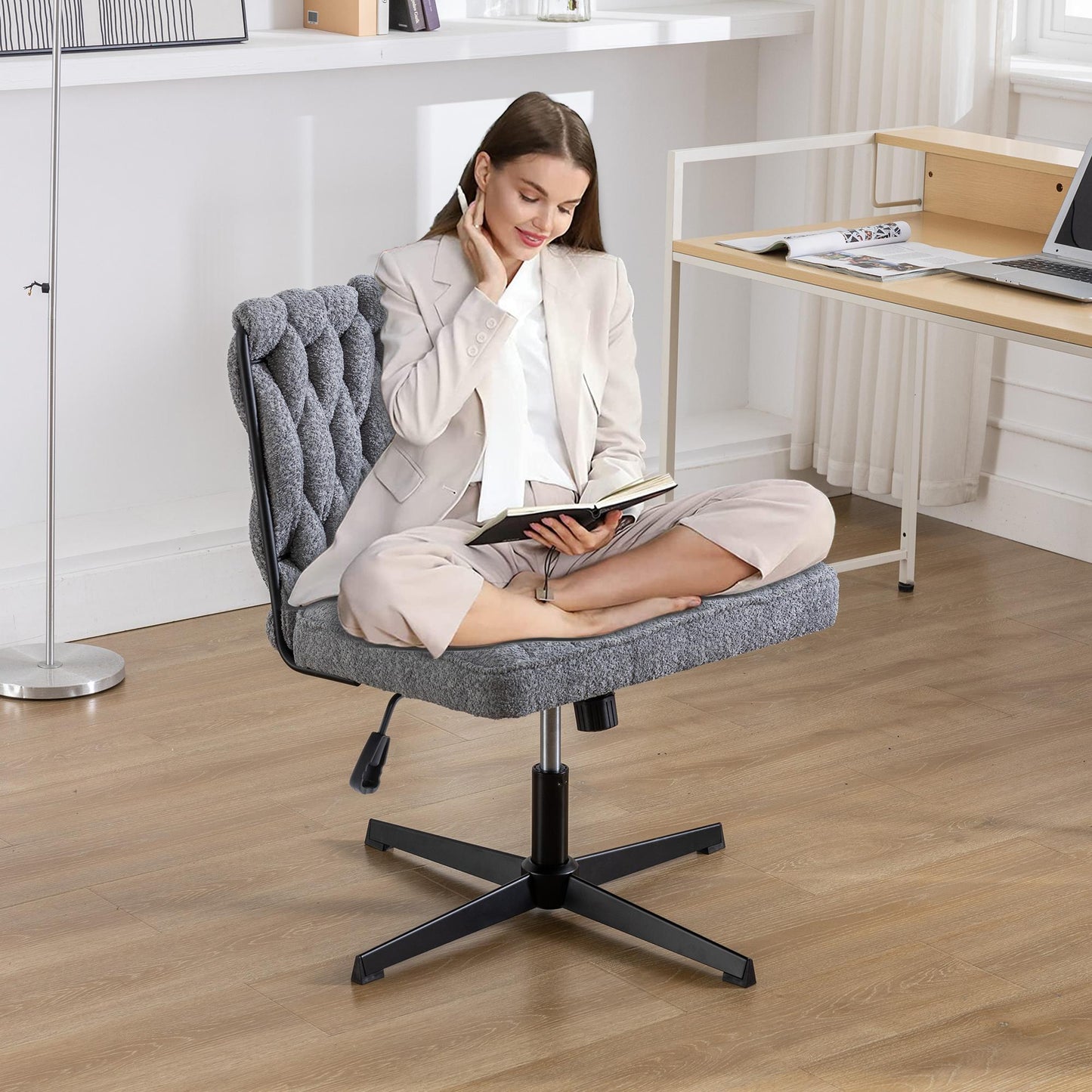 Grey Wide Ergonomic Armless Office Chair w/ No Wheels