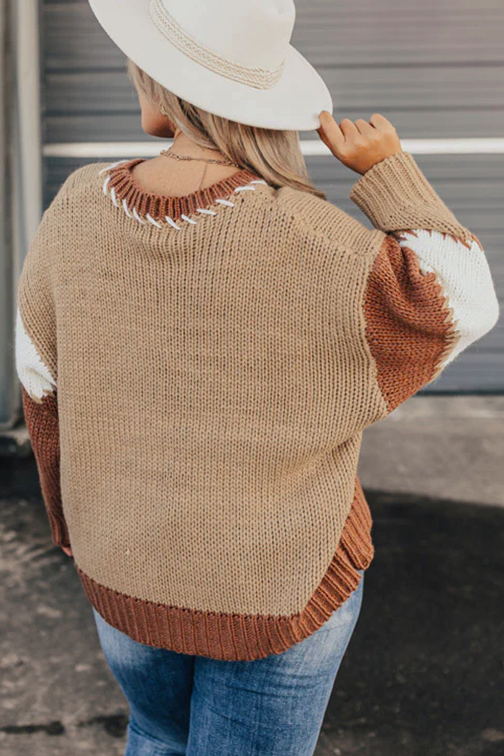 Light French Beige Contrast Stitch Detail Color Block Knitted Plus Size Sweater