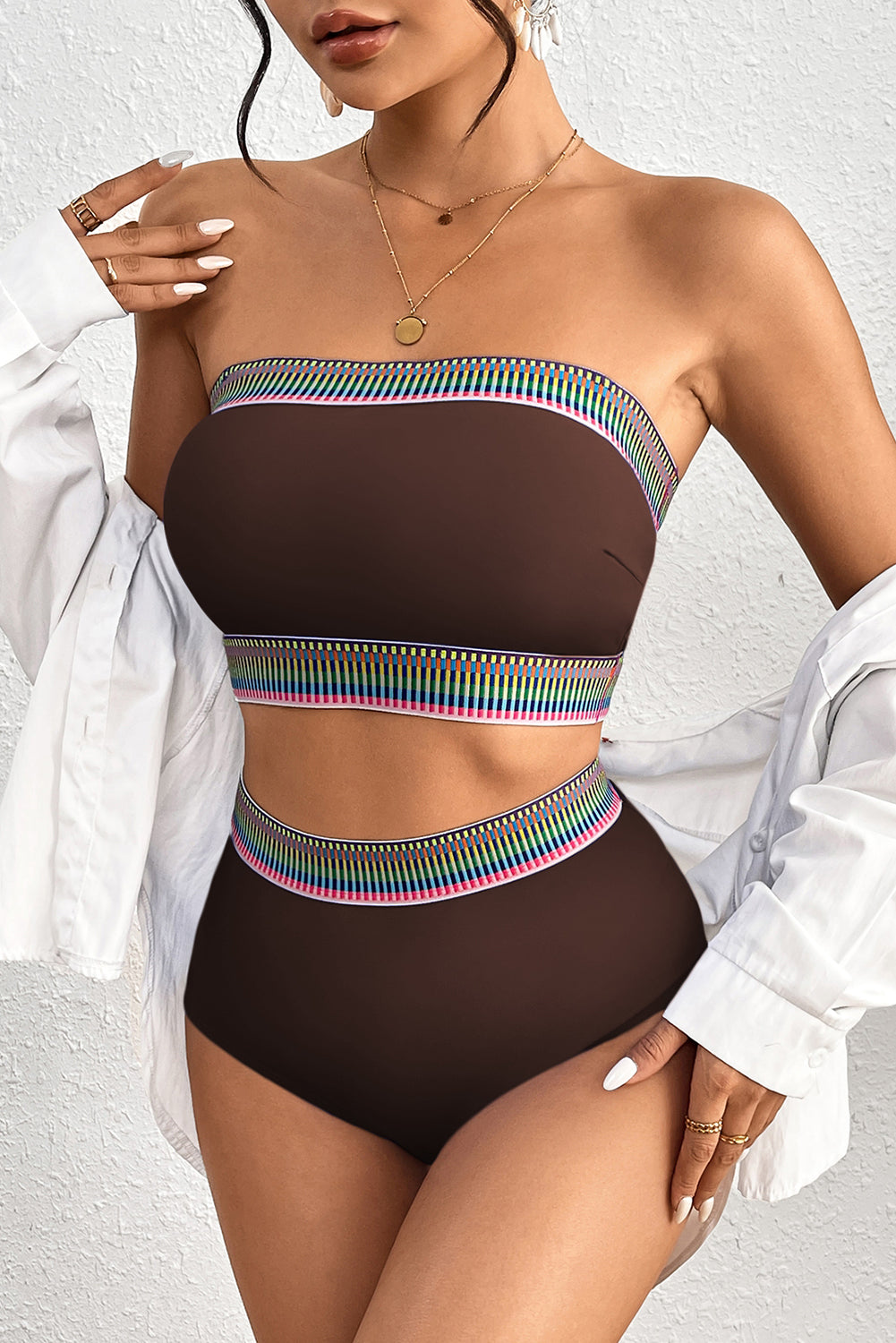 Coffee Contrast Banding Tube Bikini High Waist 2pcs Swimsuit