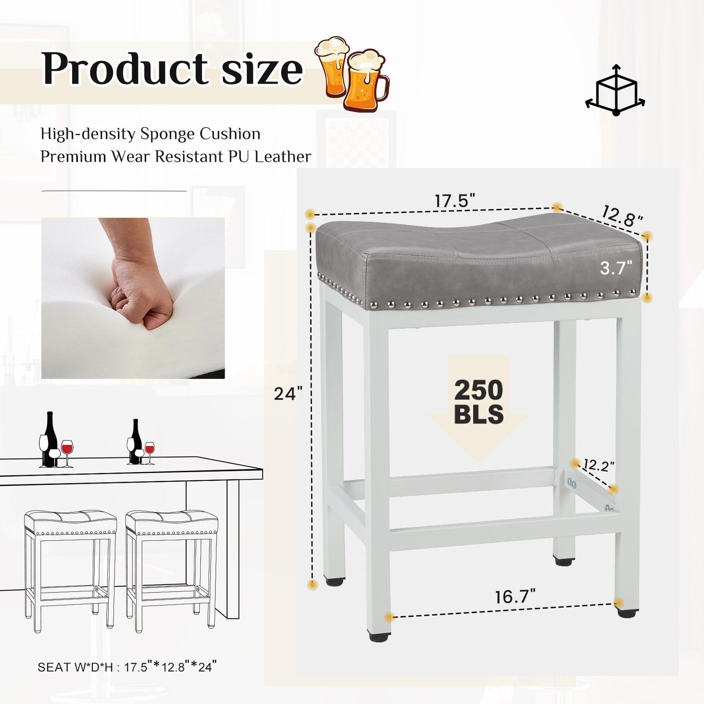 Set of 2 Grey Saddle Bar Stool Kitchen Stools