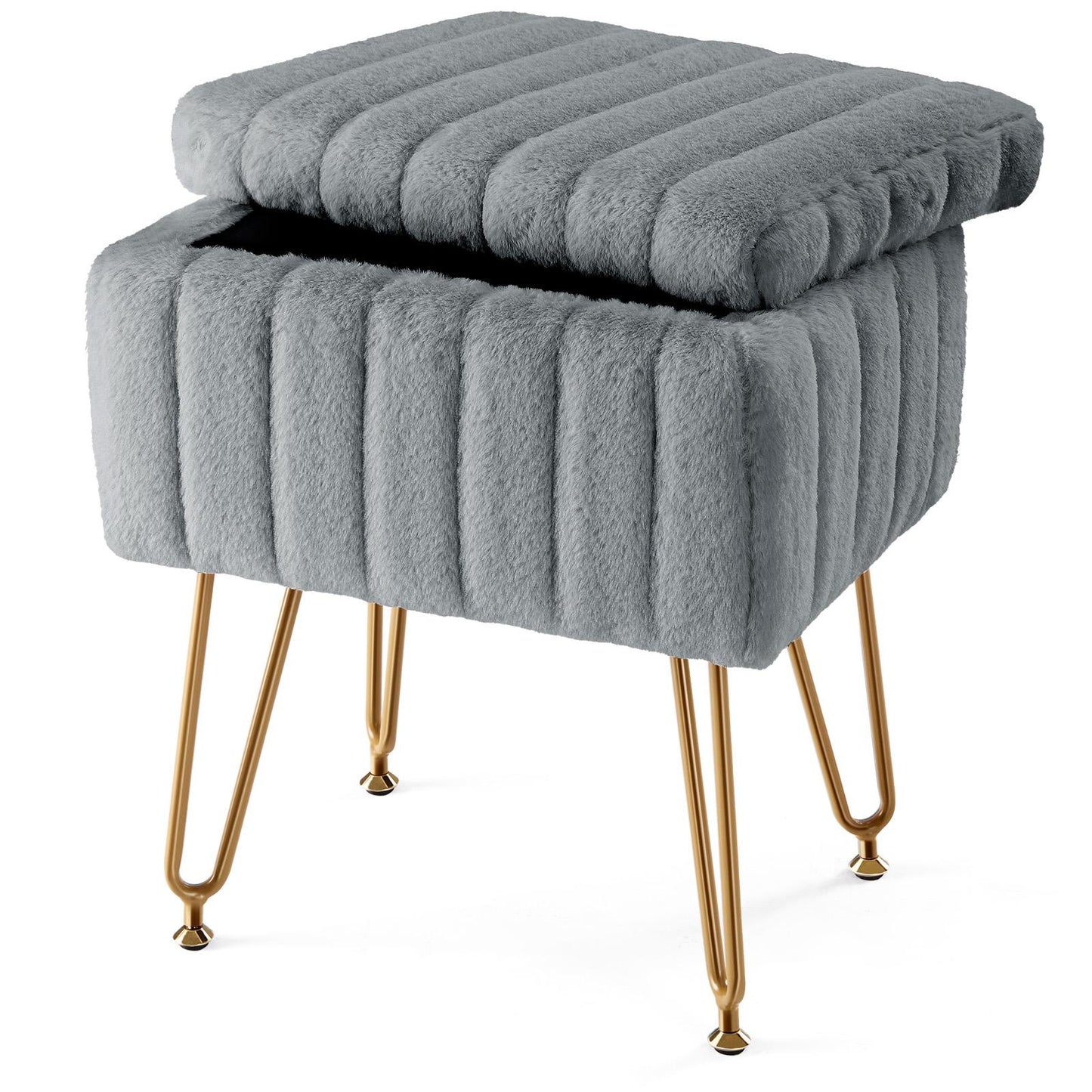 Grey Faux Fur Vanity Stool Chair w/ Storage