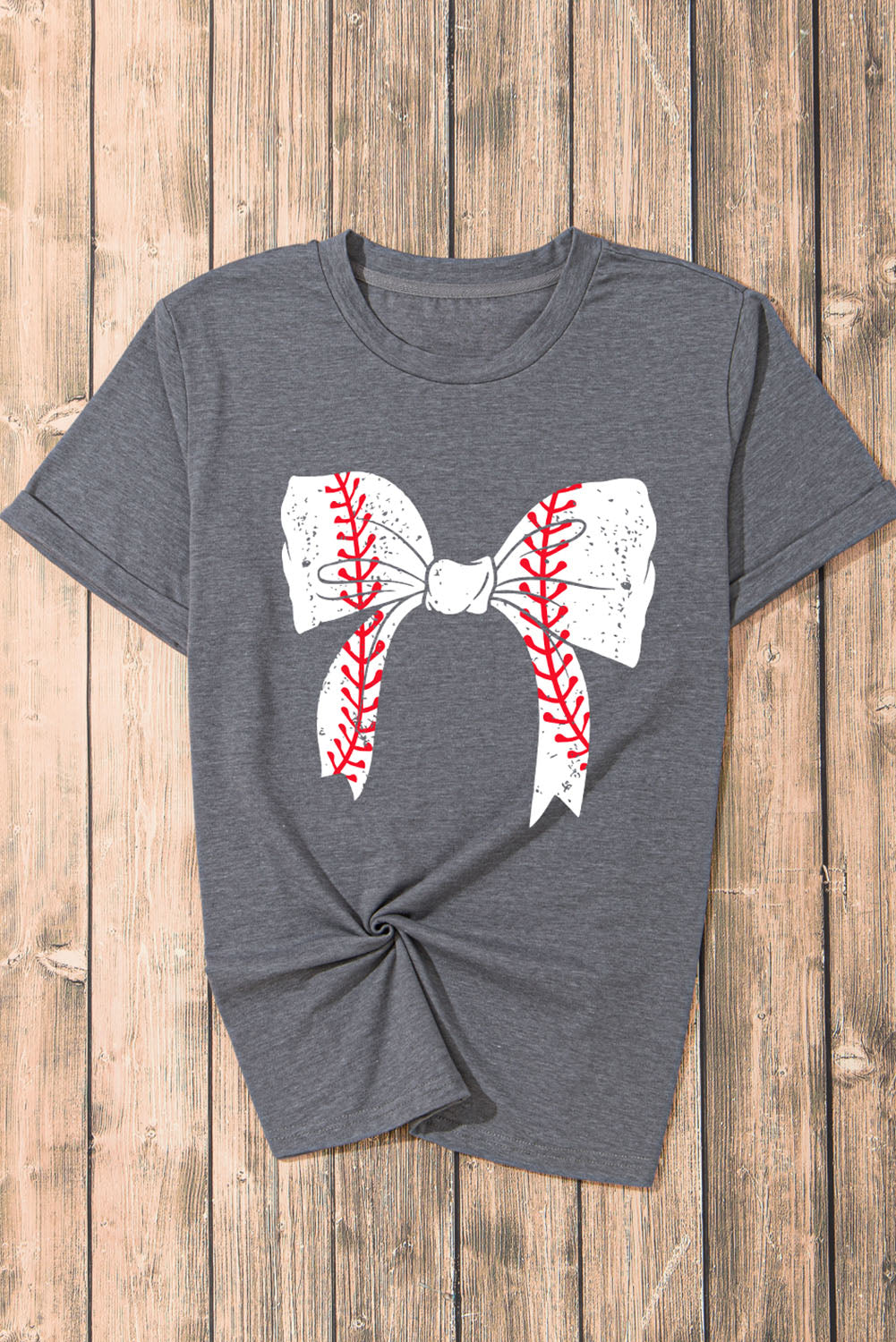Gray Casual Baseball Bowknot Graphic Roll Up Sleeve Tee - Cowaa