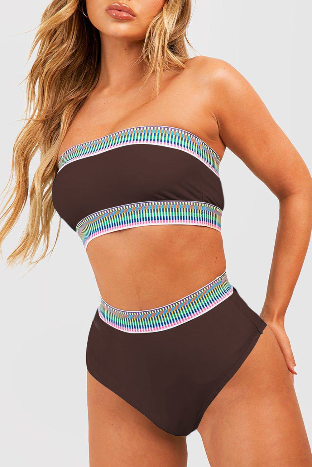 Coffee Contrast Banding Tube Bikini High Waist 2pcs Swimsuit