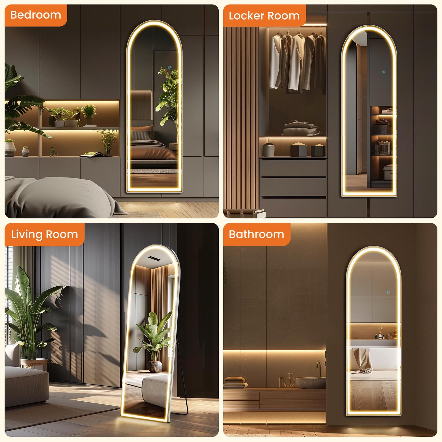 64"x21" Arched Full Length Mirror w/ LED Lights