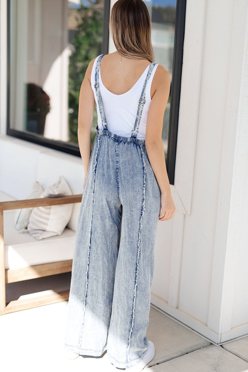 Blue Light Wash Frayed Exposed Seam Wide Leg Denim Overalls - Cowaa
