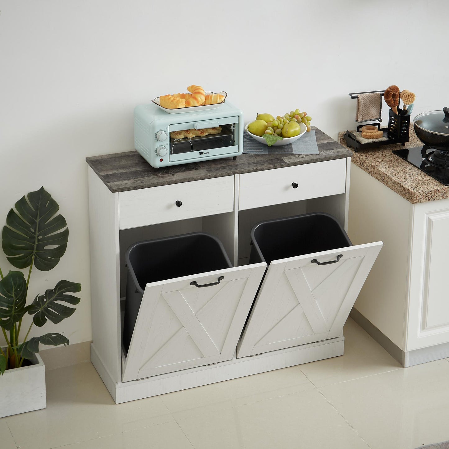 White Double Tilt Trash Can Cabinet