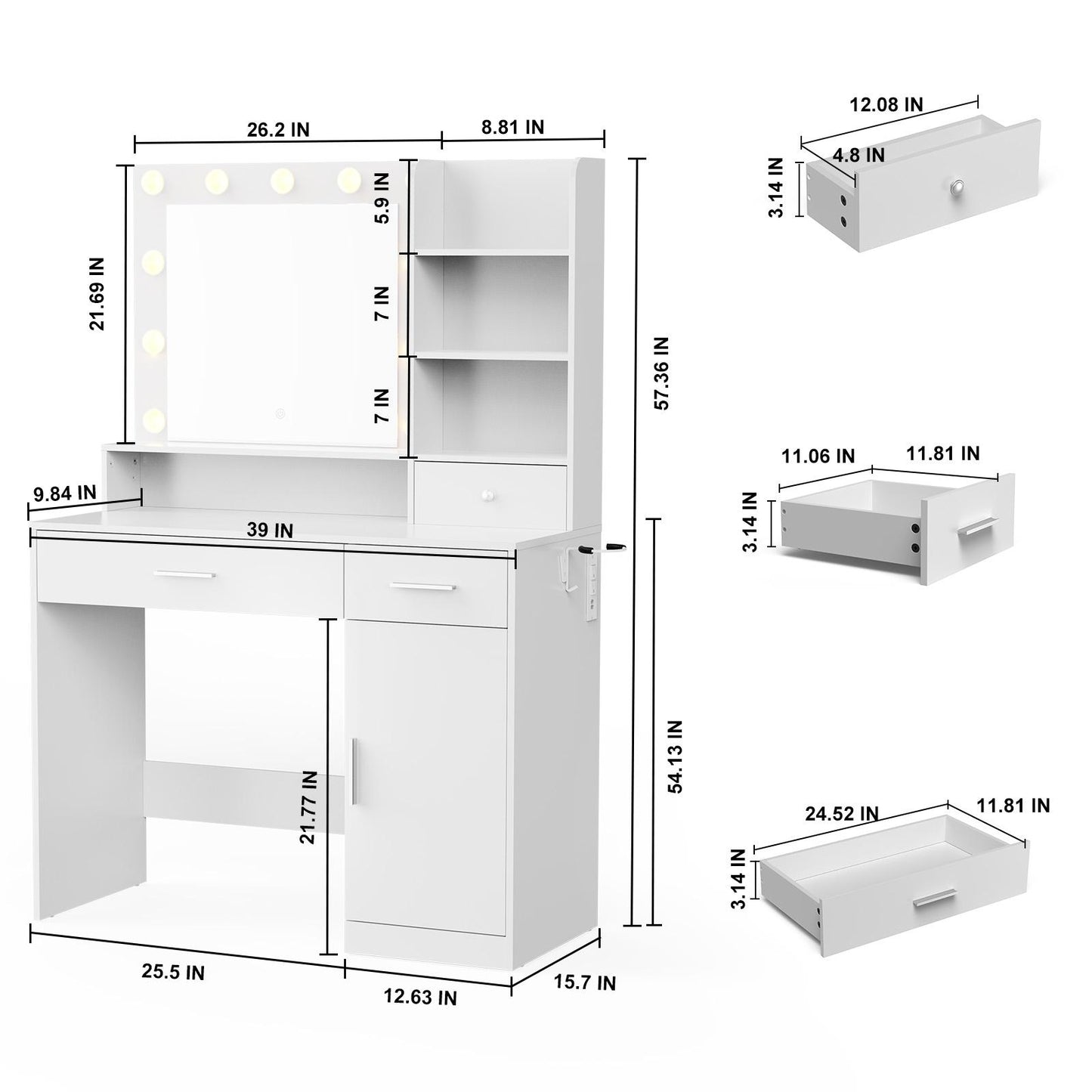 2 Drawer White Vanity Table w/ Lights