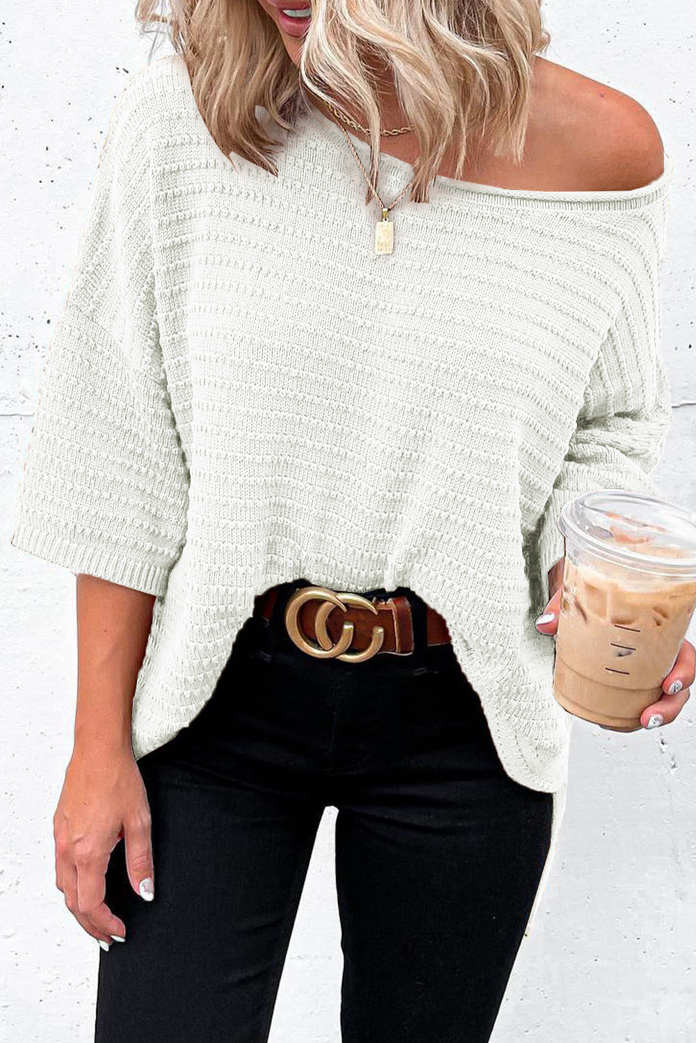 Beige Textured Knit Drop Shoulder Short Sleeve Top