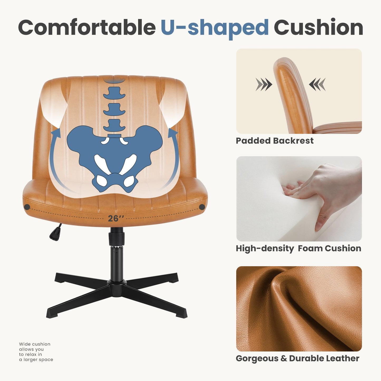 Brown Leather Wide Armless Swivel Home Office Chair