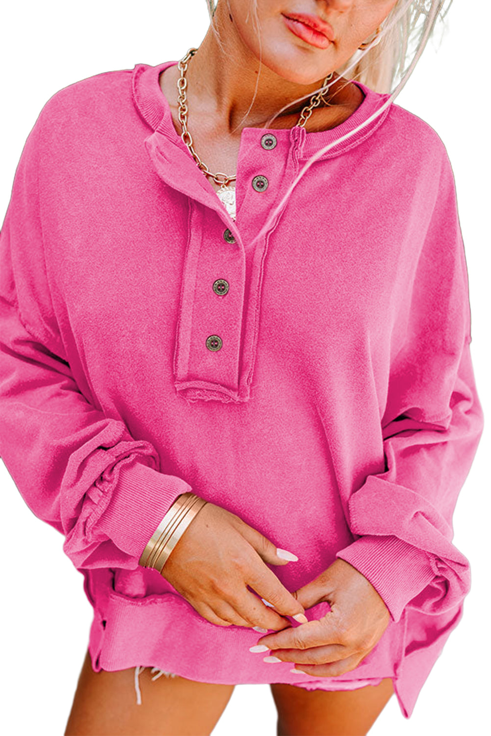 Slouchy Henley-Sweatshirt mit tief angesetzter Schulterpartie in Pink