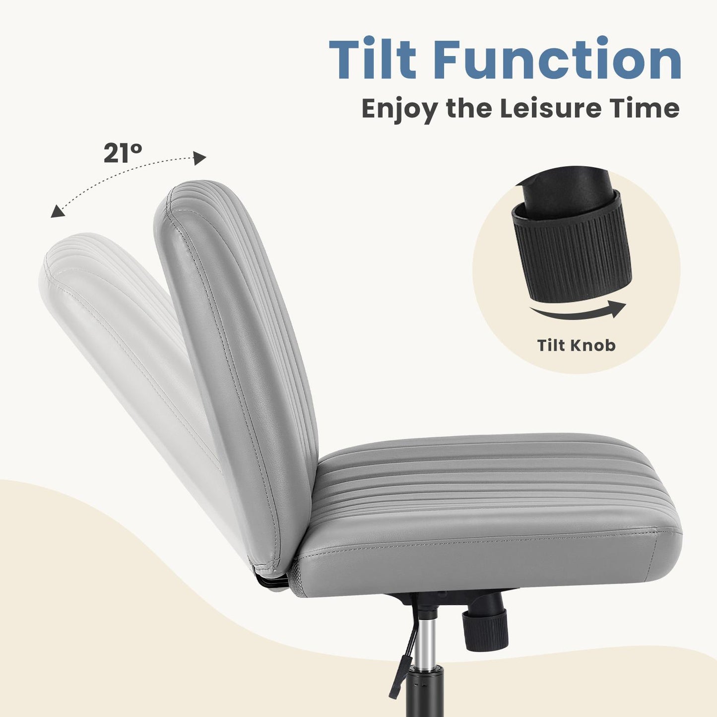 Grey Leather Wide Armless Swivel Home Office Chair