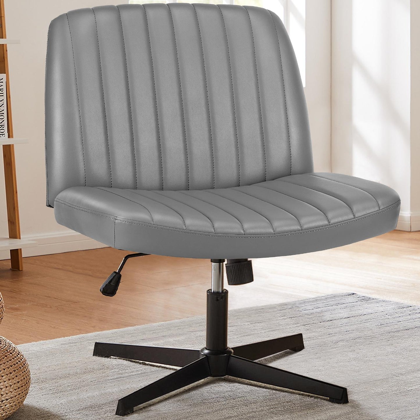Grey Leather Wide Armless Swivel Home Office Chair
