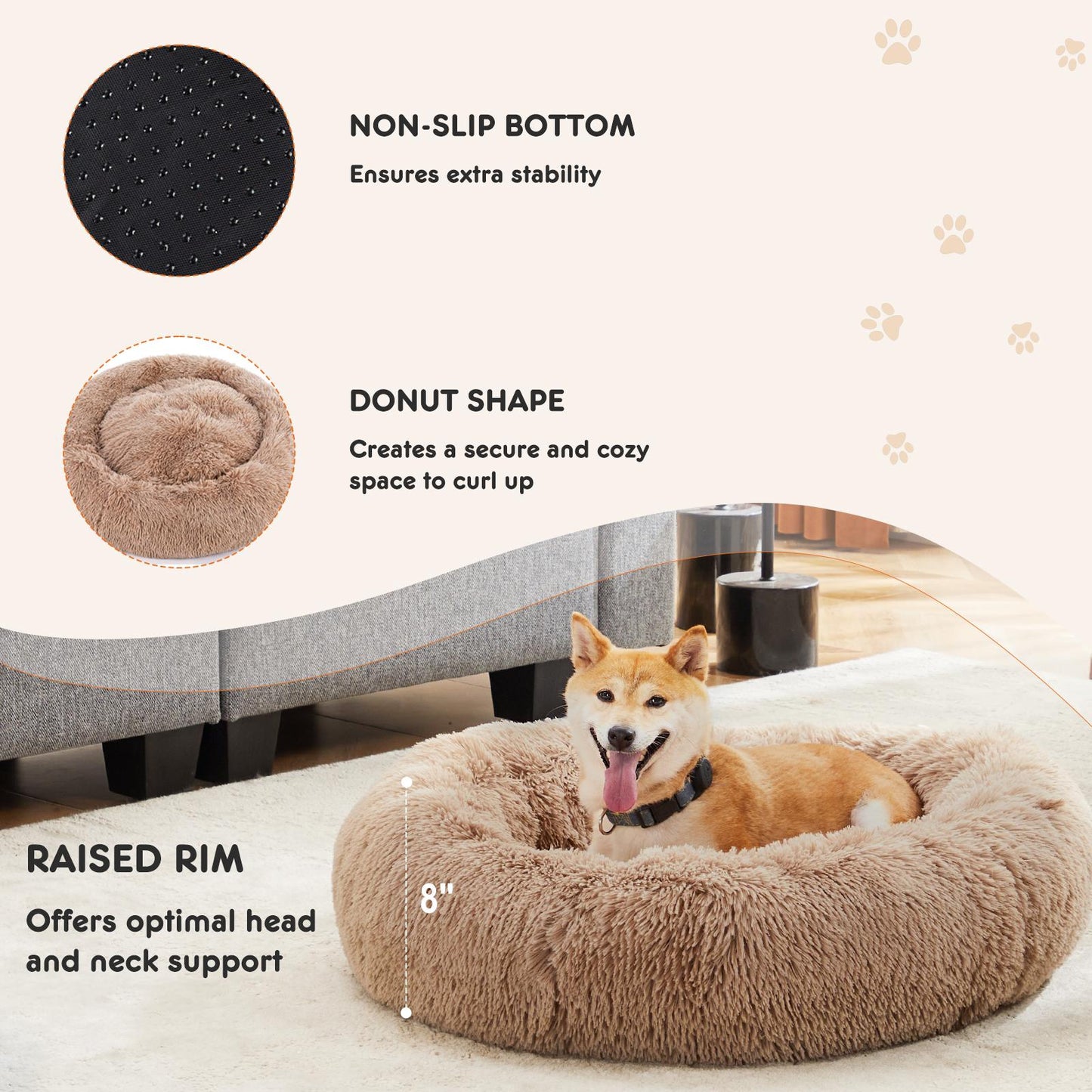 Medium Brown Anti-Slip Fluffy Plush Faux Fur Pet Bed