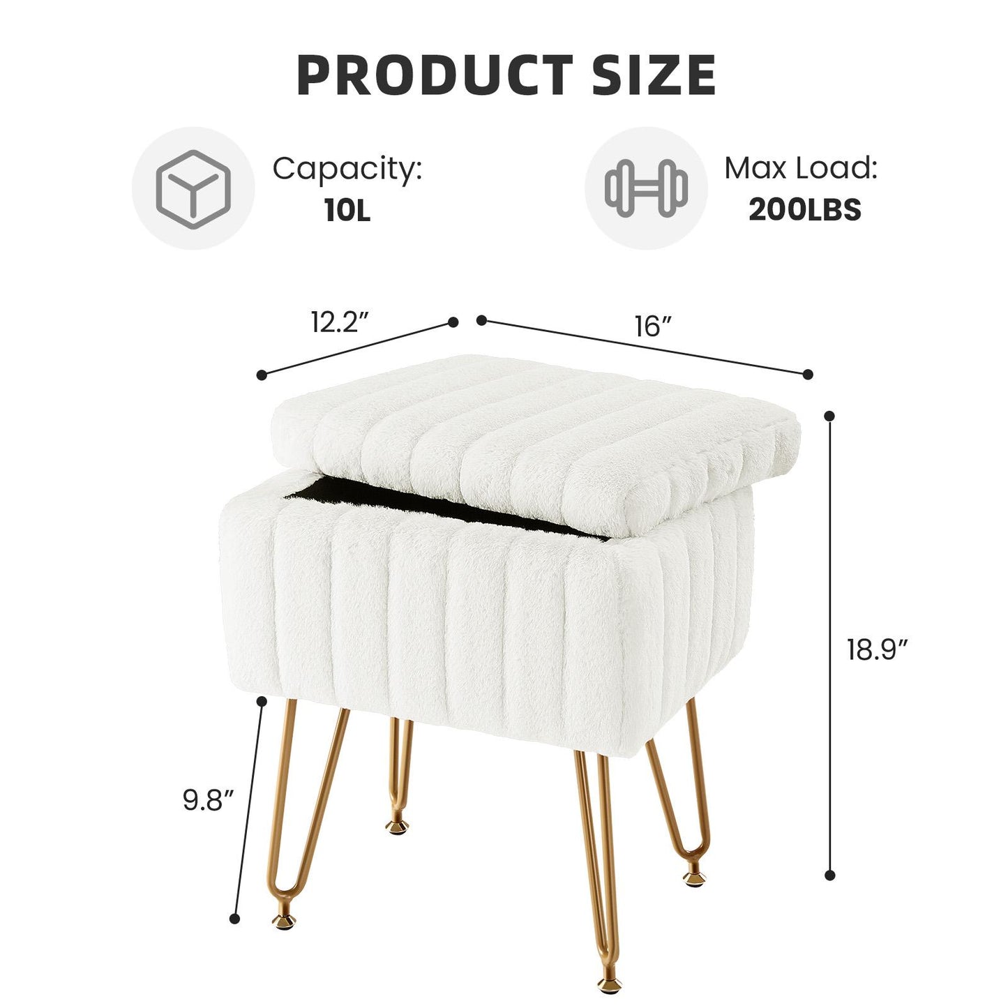 White Faux Fur Vanity Stool Chair w/ Storage