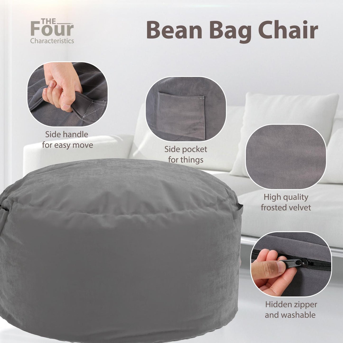 Dark Grey XL Foam Filled Bean Bag Chair w/ Removable Cover