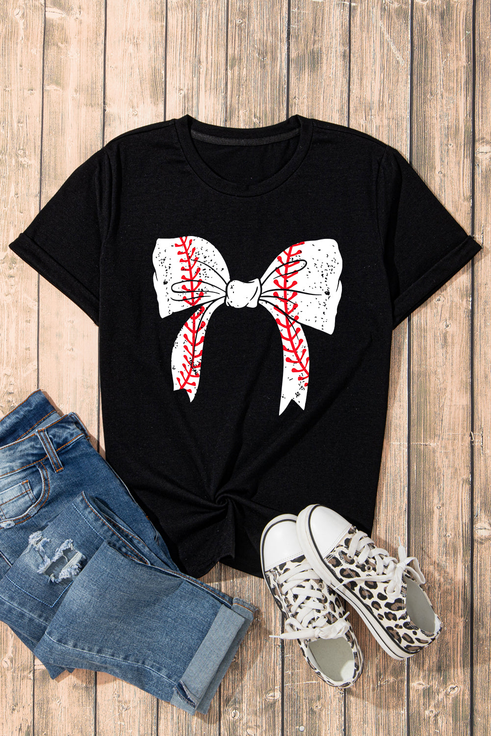 Gray Casual Baseball Bowknot Graphic Roll Up Sleeve Tee - Cowaa