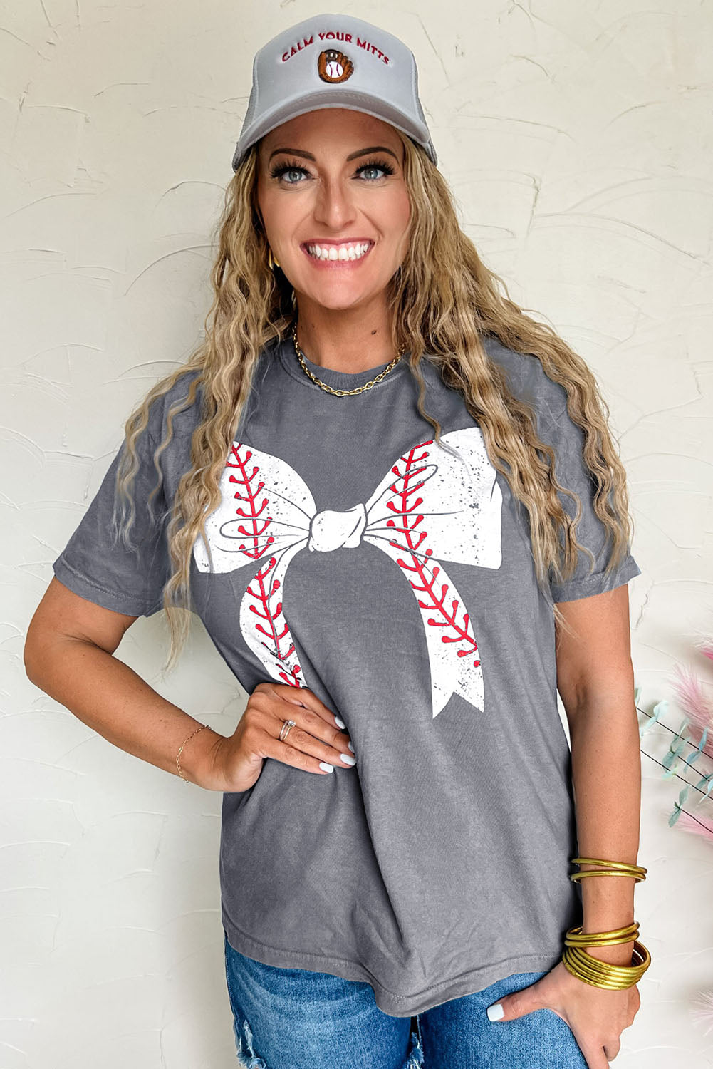 Gray Casual Baseball Bowknot Graphic Roll Up Sleeve Tee - Cowaa