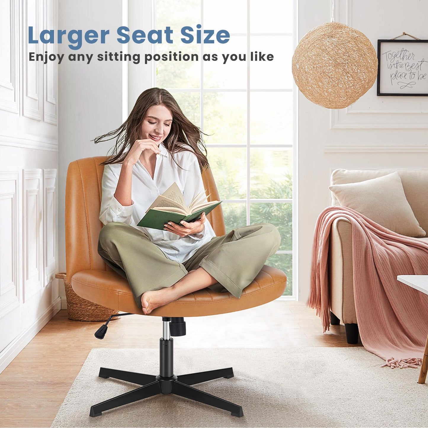 Brown Leather Wide Armless Swivel Home Office Chair