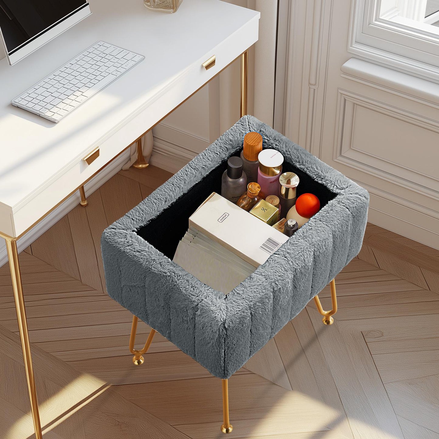 Grey Faux Fur Vanity Stool Chair w/ Storage