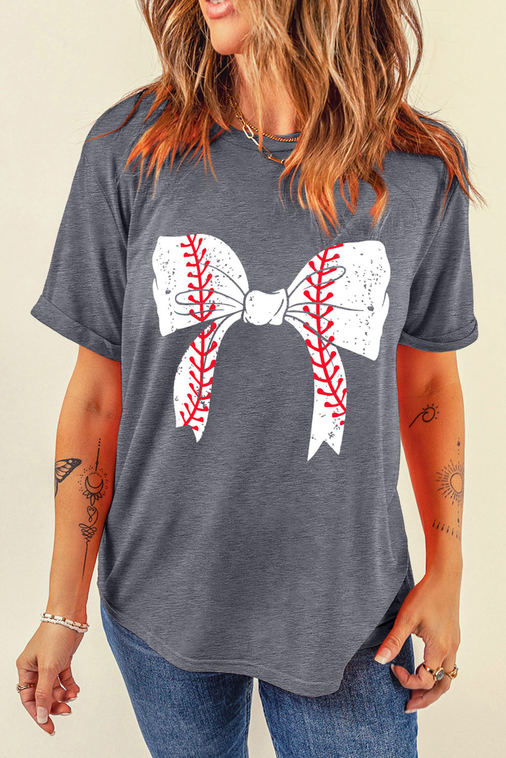 Gray Casual Baseball Bowknot Graphic Roll Up Sleeve Tee - Cowaa