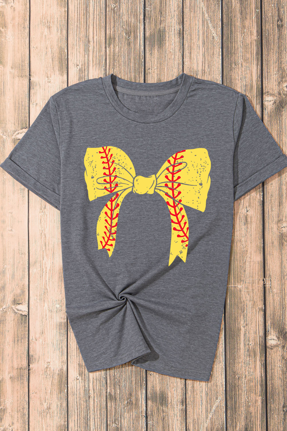 Gray Casual Baseball Bowknot Graphic Roll Up Sleeve Tee - Cowaa