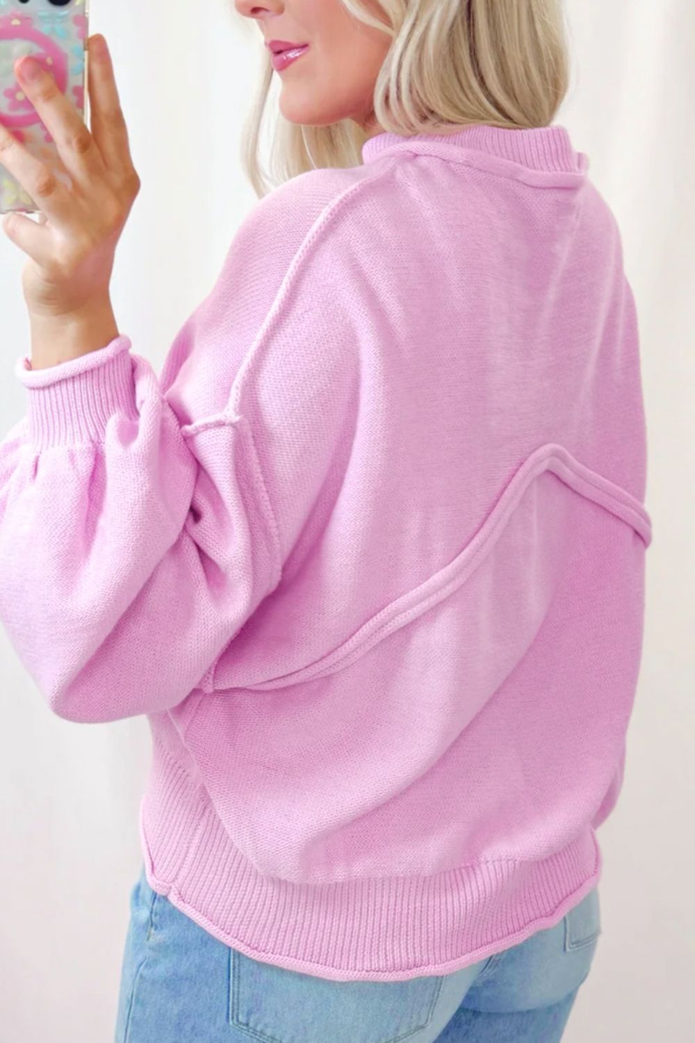 Pink Roll Hem Ribbed Detail Drop Shoulder Sweater