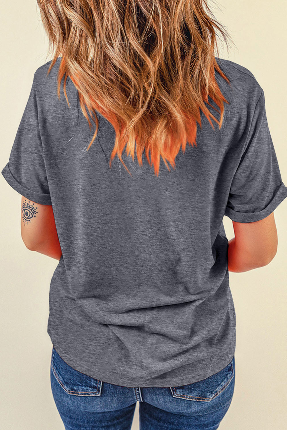Gray Casual Baseball Bowknot Graphic Roll Up Sleeve Tee - Cowaa