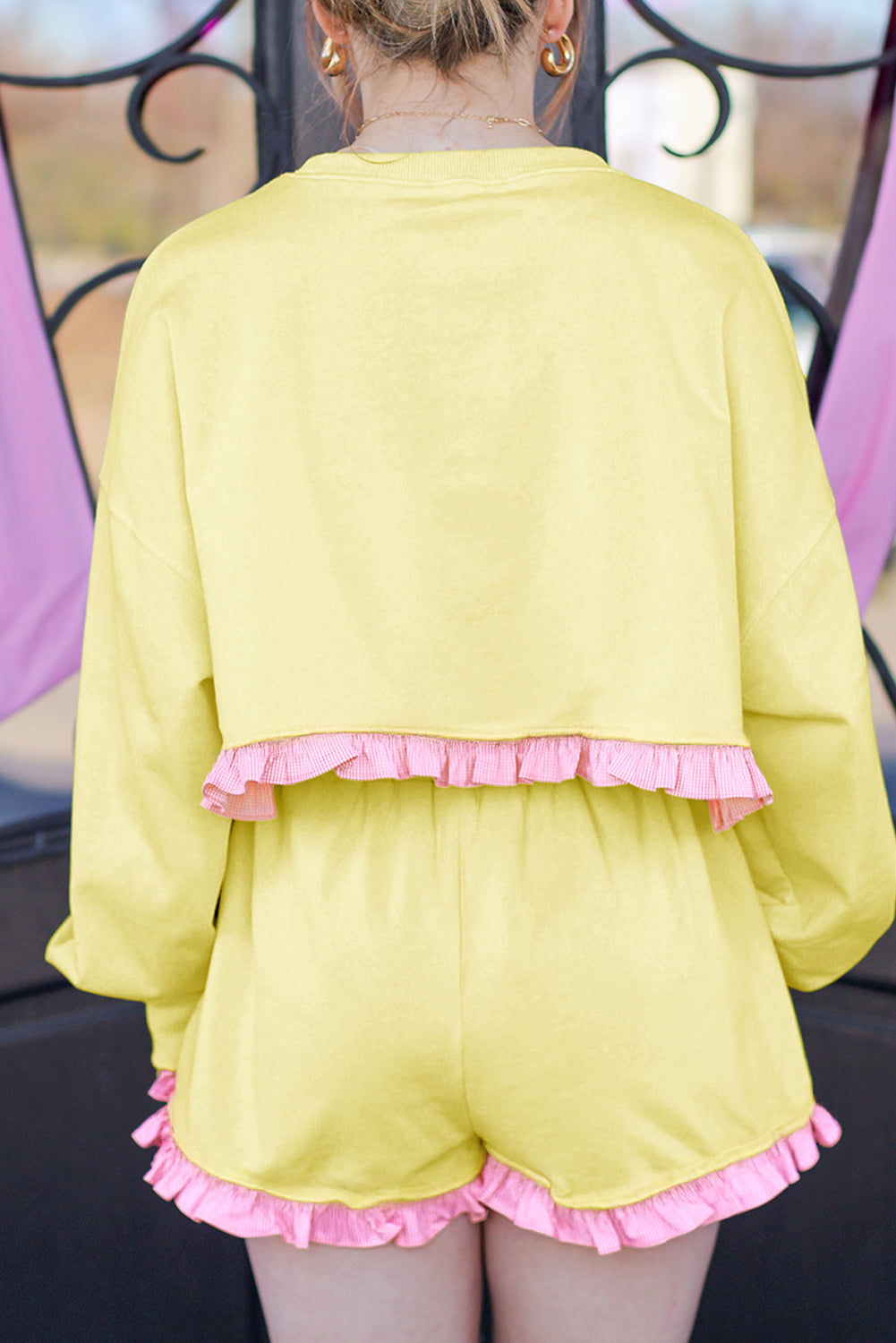 Yellow Contrast Ruffle Pullover Top and Shorts Plus Size Loungewear