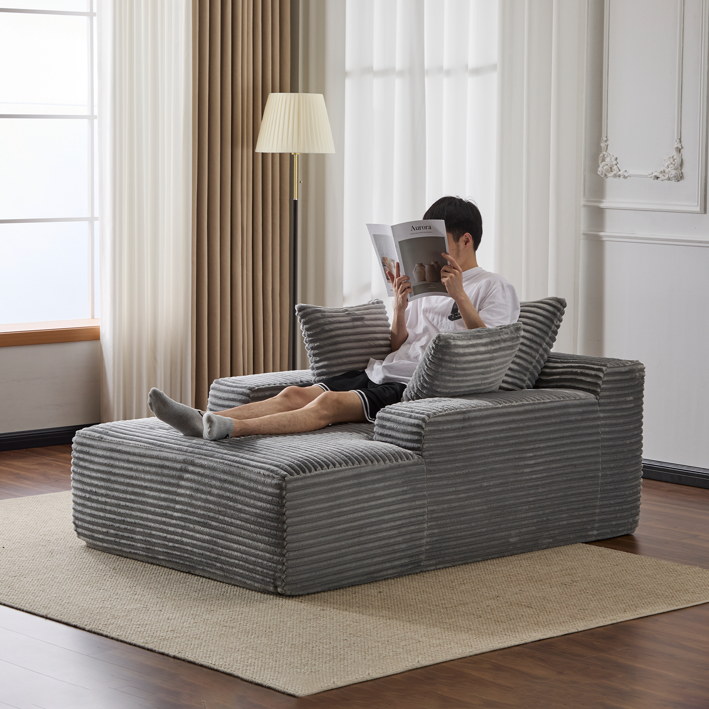 Grey Corduroy Plush Oversized Chaise Lounge Chair