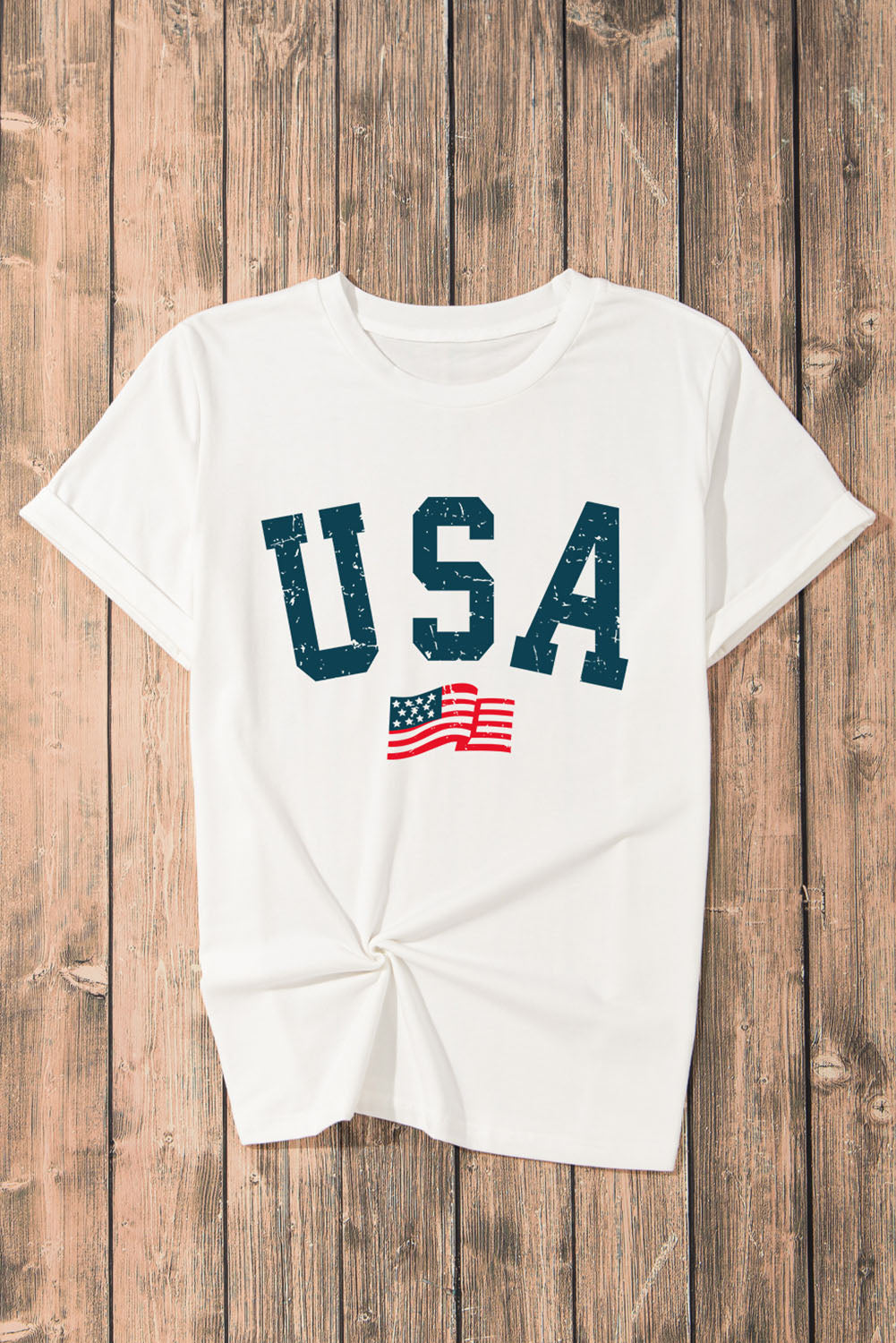 White USA Flag Patriotic Graphic Crew Neck Tee - Cowaa