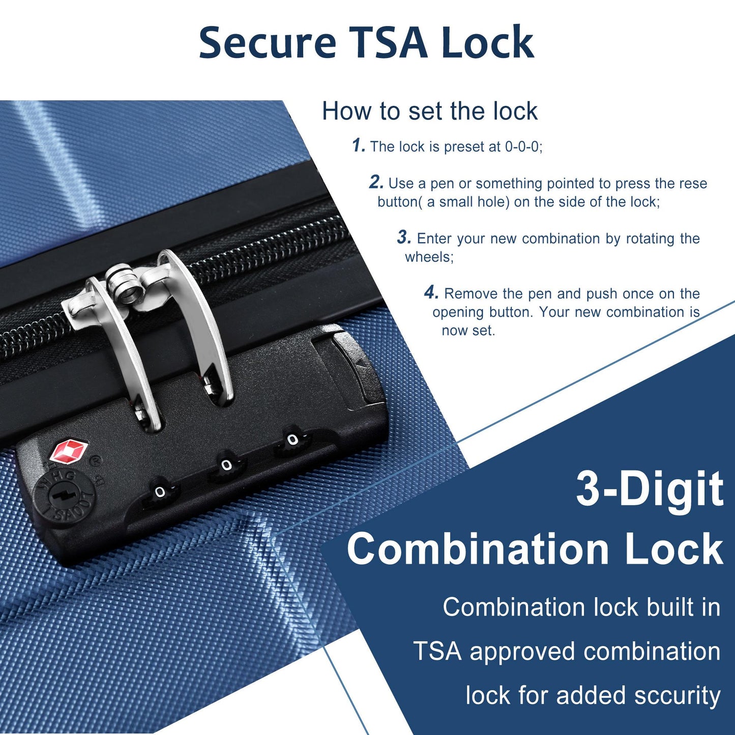 3 Piece Blue Luggage Set w/TSA Lock