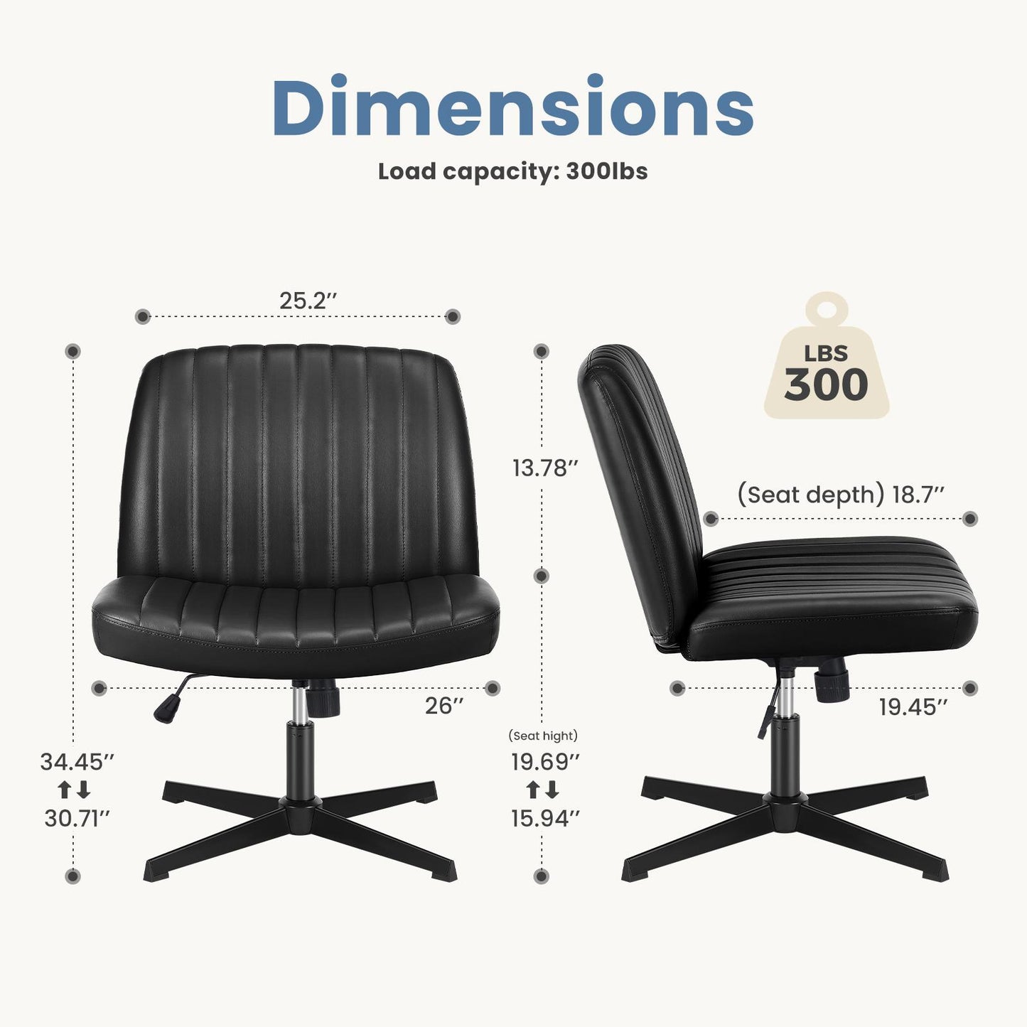 Black Leather Wide Armless Swivel Home Office Chair