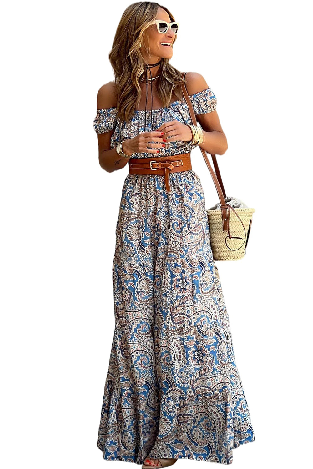 Blue Boho Paisley Print Off Shoulder Maxi Dress - Cowaa