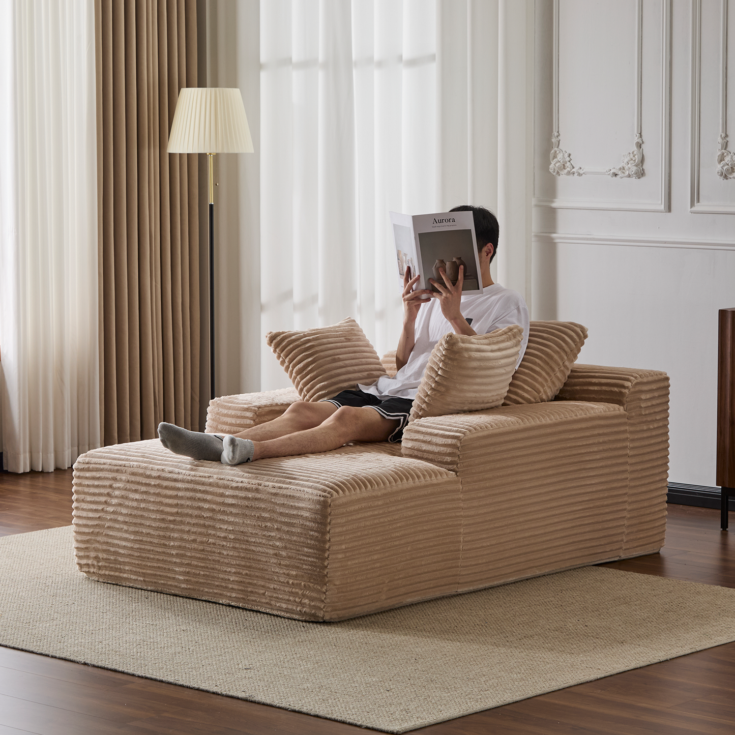 Beige Corduroy Plush Oversized Chaise Lounge Chair
