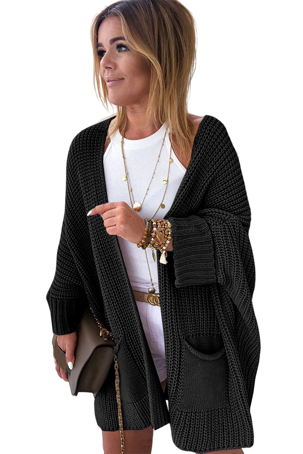 Gray Batwing Sleeve Pocket Oversized Cable Knit Cardigan - Cowaa