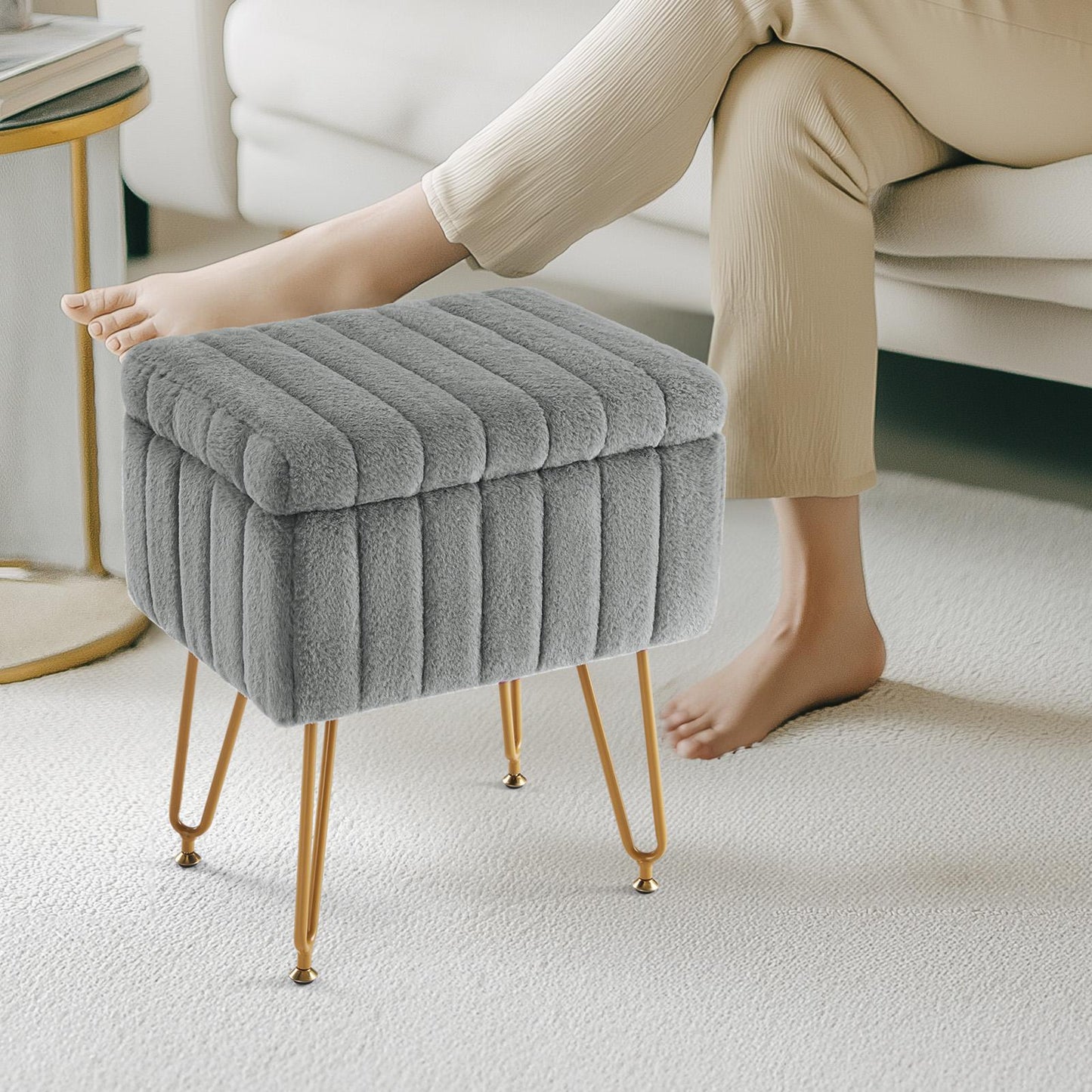 Grey Faux Fur Vanity Stool Chair w/ Storage