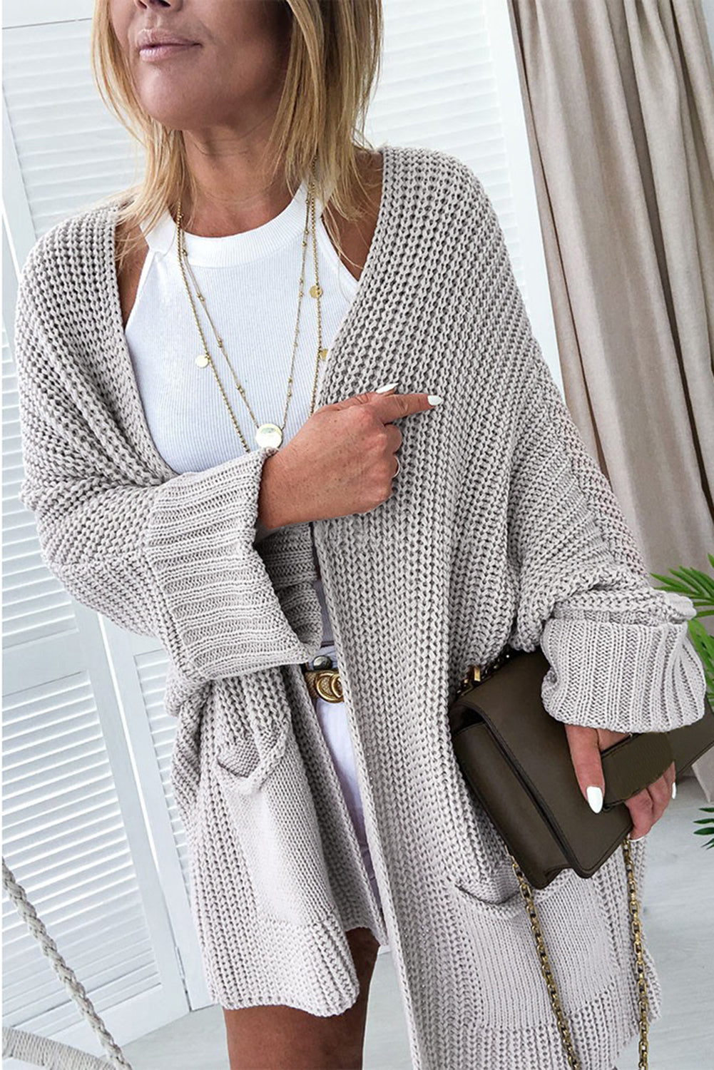 Gray Batwing Sleeve Pocket Oversized Cable Knit Cardigan - Cowaa