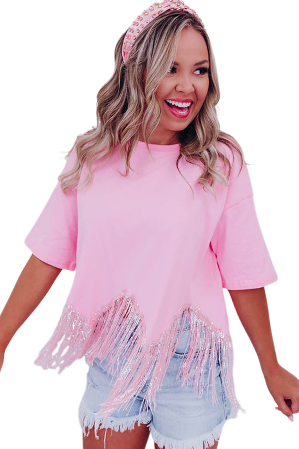 Pink Fringe Sequin Hem Cropped T-shirt - Cowaa