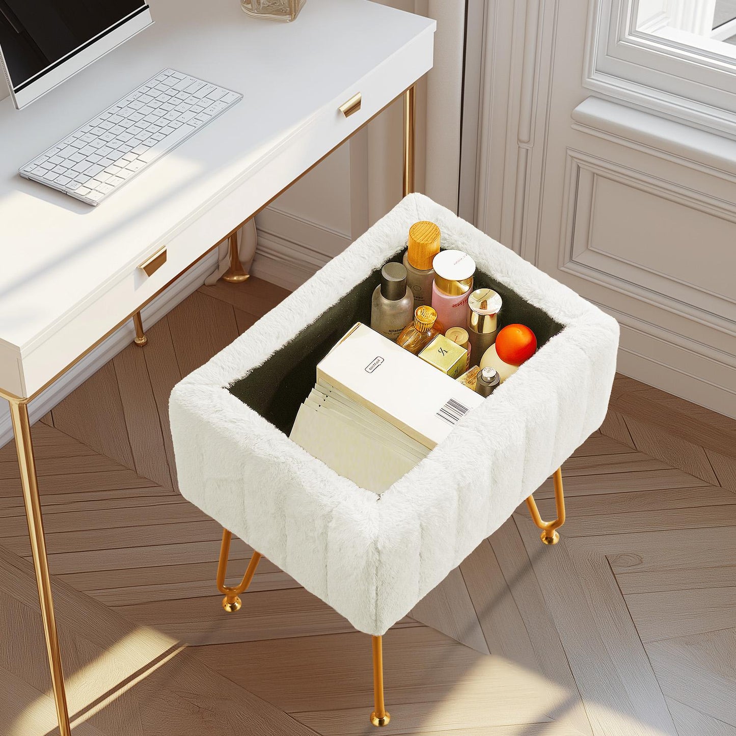 White Faux Fur Vanity Stool Chair w/ Storage