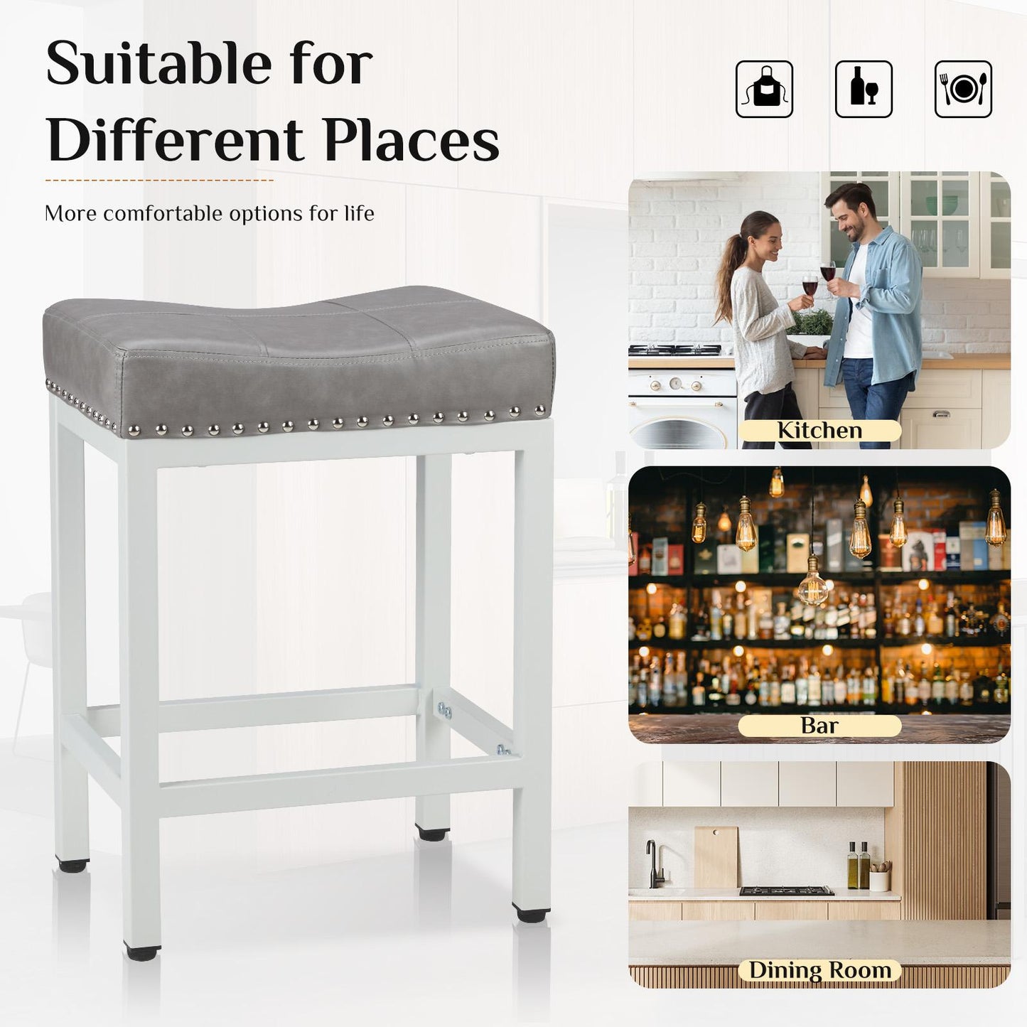 Set of 2 Grey Saddle Bar Stool Kitchen Stools